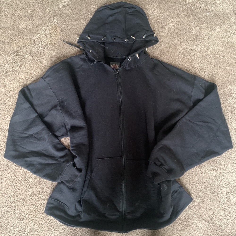 Grunge zip up hoodie with silver spikes on the hood